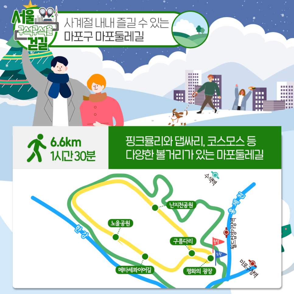 서울 구석구석을 걷길 사계절 내내 즐길 수 있는 마포구 마포둘레길
6.6km 1시간 30분 핑크뮬리와 댑싸리, 코스모스 등 다양한 볼거리가 있는 마포둘레길