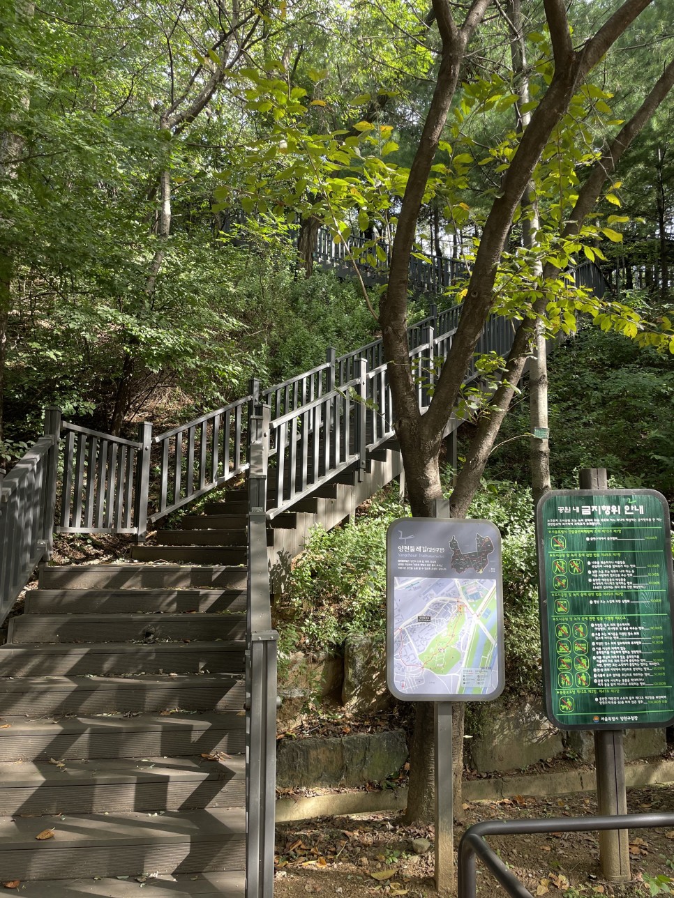 등산길 도중 계단과 지도 안내판과 금지행위 안내판