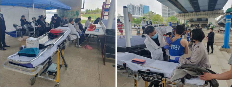 서울시는 안전한 대회를 위해 의료진을 대기시켰다 ｜ 응급조치하는 의료진