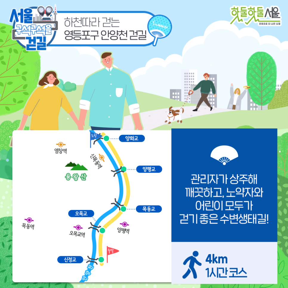 [서울 구석구석을 걷길] 하천따라 걷는 영등포구 안양천 걷길 관리자가 상주해 깨끗하고, 노약자와 어린이 모두가 걷기 좋은 수변생태길! 4km 1시간 코스
