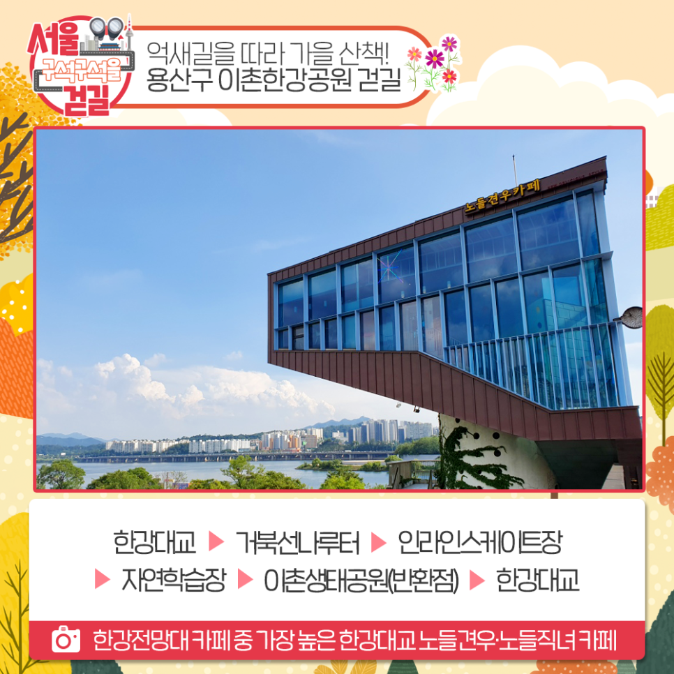 [서울 구석구석을 걷길] 억새길을 따라 가을 산책! 용산구 이촌한강공원 걷길 한강대교 > 거북선나루터 > 인라인스케이트장 > 자연학습장 > 이촌생태공원(반환점) > 한강대교  한강전망대 카페 중 가장 높은 한강대교 노들견우·노들직녀 카페