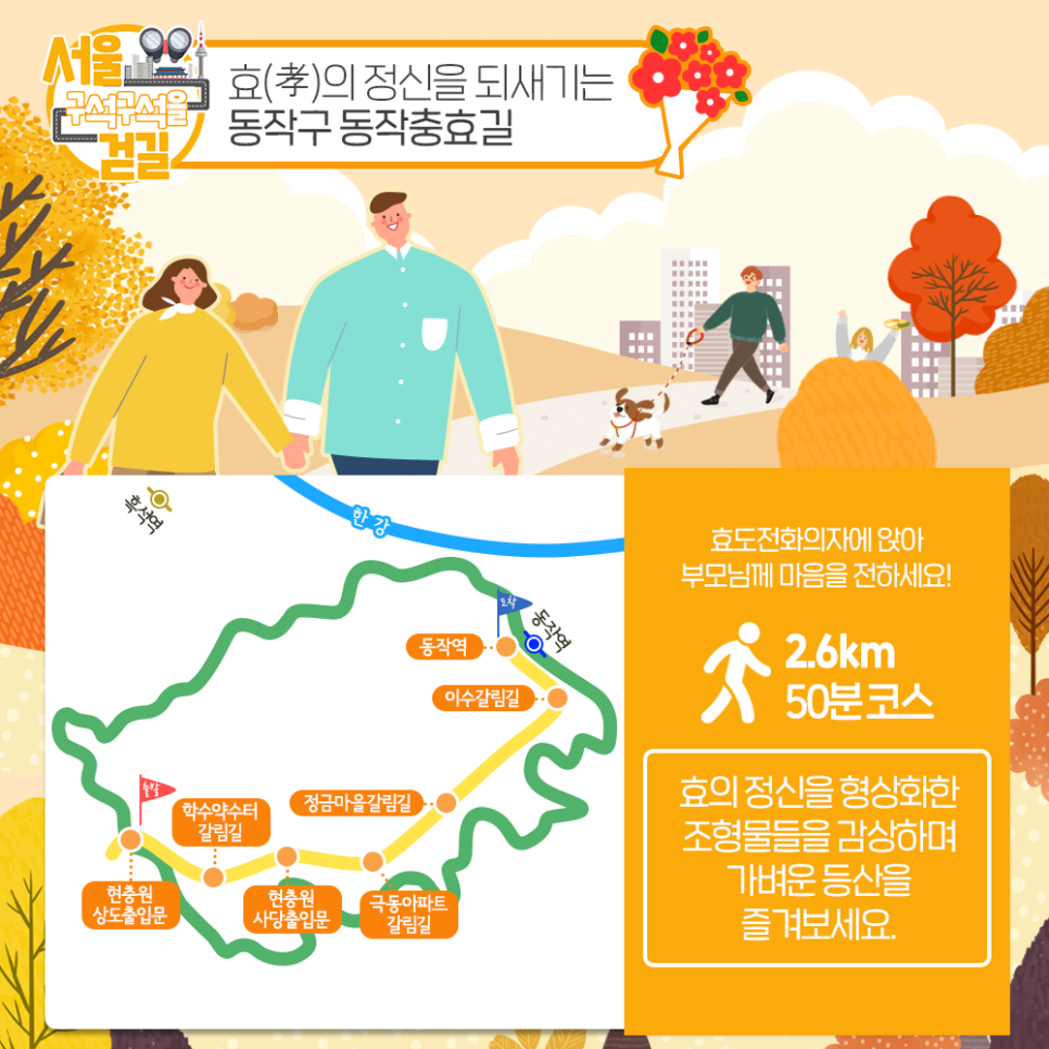 서울 구석구석을 걷길 효(孝)의 정신을 되새기는 동작구 동작충효길 효도전화의자에 앉아 부모님께 마음을 전하세요! 2.6km50분코스 효의 정신을 형상화한 조형물둘을 감상하며 가벼운 등산을 즐겨보세요.