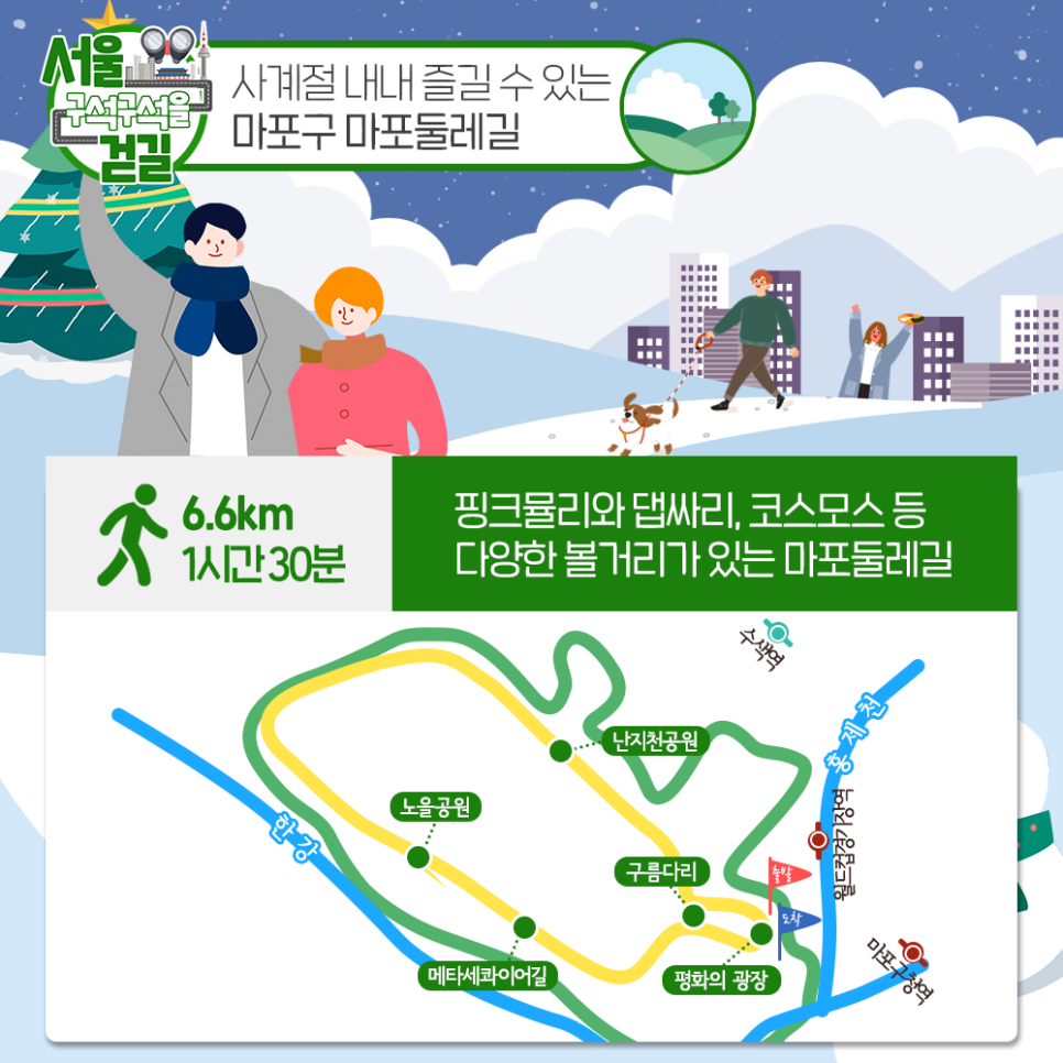 서울 구석구석을 걷길 사계절 내내 즐길 수 있는 마포구 마포둘레길
6.6km 1시간 30분 핑크뮬리와 댑싸리, 코스모스 등 다양한 볼거리가 있는 마포둘레길