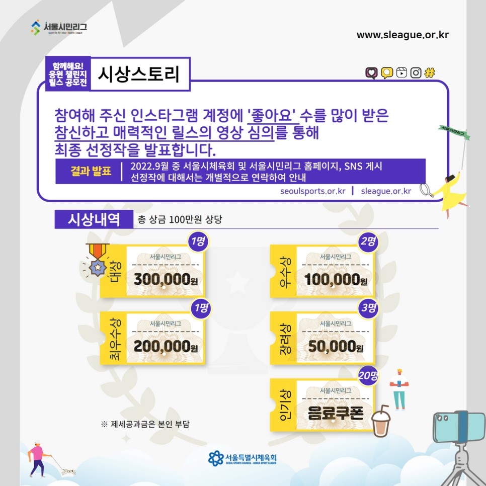 시상스토리 참여해주신 인사트그램 계정에 좋아요 수를 많이 받은 참신하고 매력적인 릴스의 영상 심의를 통해 최종 선정작을 발표합니다.
결과 발표 2022.9월 중 서울시체육회 및 서울시민리그 홈페이지, SNS 게시 선정작에 대해서는 개별적으로 연락하여 안내
시상내역 총 상금 100만원 상당
대상 300,000원 우수상 100,000원
최우수상 200,000원 장려상 50,000원
인기상 음료쿠폰