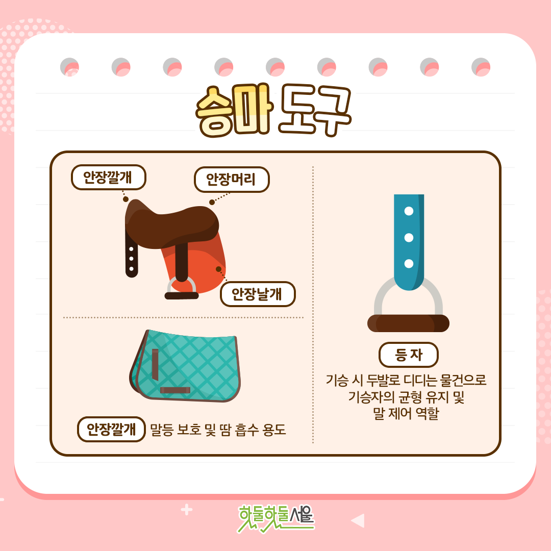 승마도구 안장깔개 안장머리 안장날개 안장깔개 말등 보호 및 땀 흡수 용도 등자 기승 시 두발로 디디는 물건으로 기승자의 균형 유지 및 말 제어 역할