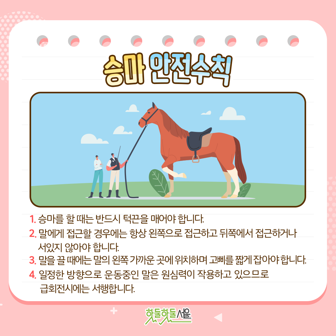 승마 안전수칙
1.승마를 할 때는 반드시 턱끈을 매어야 합니다.
2.말에게 접근할 경우에는 항상 왼쪽으로 접근하고 뒤쪽에서 접근하거나 서있지 않아야 합니다.
3.말을 끌 때에는 말의 왼쪽 가까운 곳에 위치하며 고삐를 짧게 잡아야 합니다.
4.일정한 방향으로 운동중인 말은 원심력이 작용하고 있으므로 급회전시에는 서행합니다.