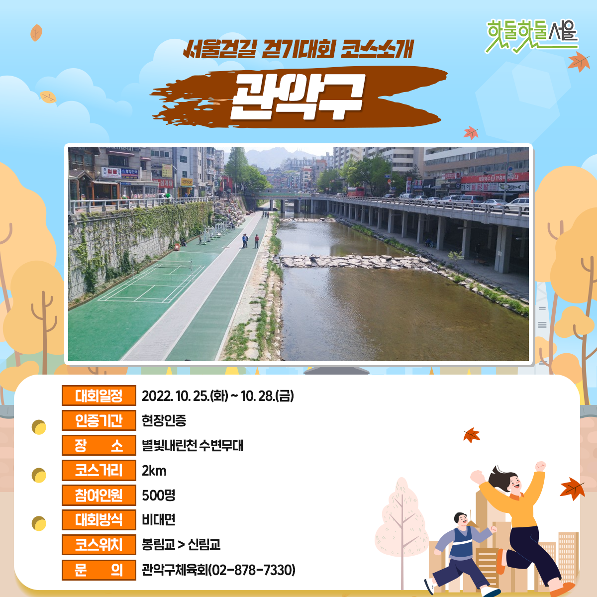 서울걷길 걷기대회 코스소개 관악구
대회일정 : 2022.10.25(화)~10.28(금)
인증기간 : 현장인증
장소 : 별빛내린천 수변무대
코스거리 : 2km
참여인원 : 500명
대회방식 : 비대면
코스위치 : 봉림교>신림교
문의 : 관악구체육회(02-878-7330)