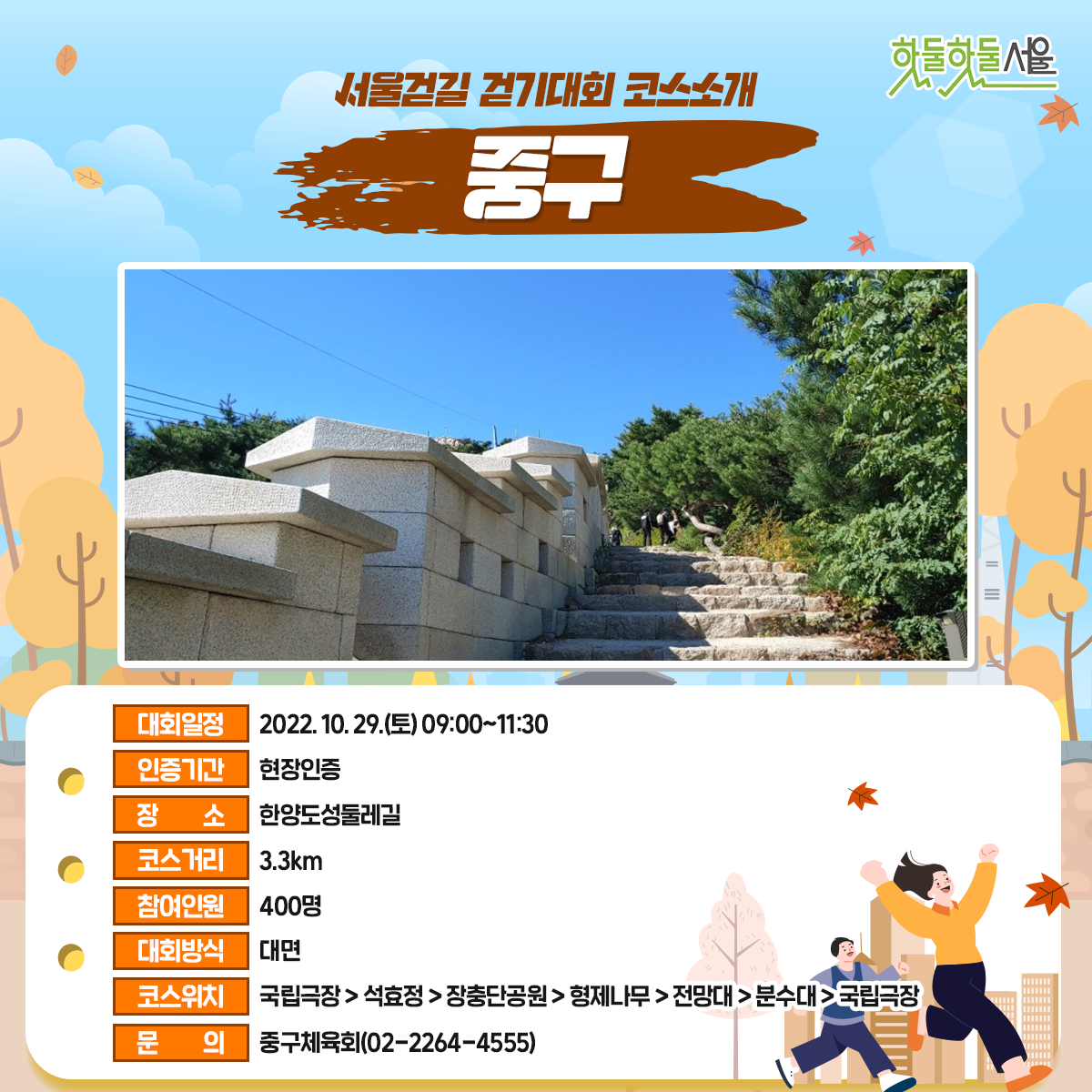 서울걷길 걷기대회 코스소개 중구
대회일정 : 2022.10.29(토)09:00~11:30
인증기간 : 현장인증
장소 : 한양도성둘레길
코스거리 : 3.3km
참여인원 : 400명
대회방식 : 대면
코스위치 : 국립극장>석효정>장충단공원>형제나무>전망대>분수대>국립극장
문의 : 중구체육회(02-2264-4555)