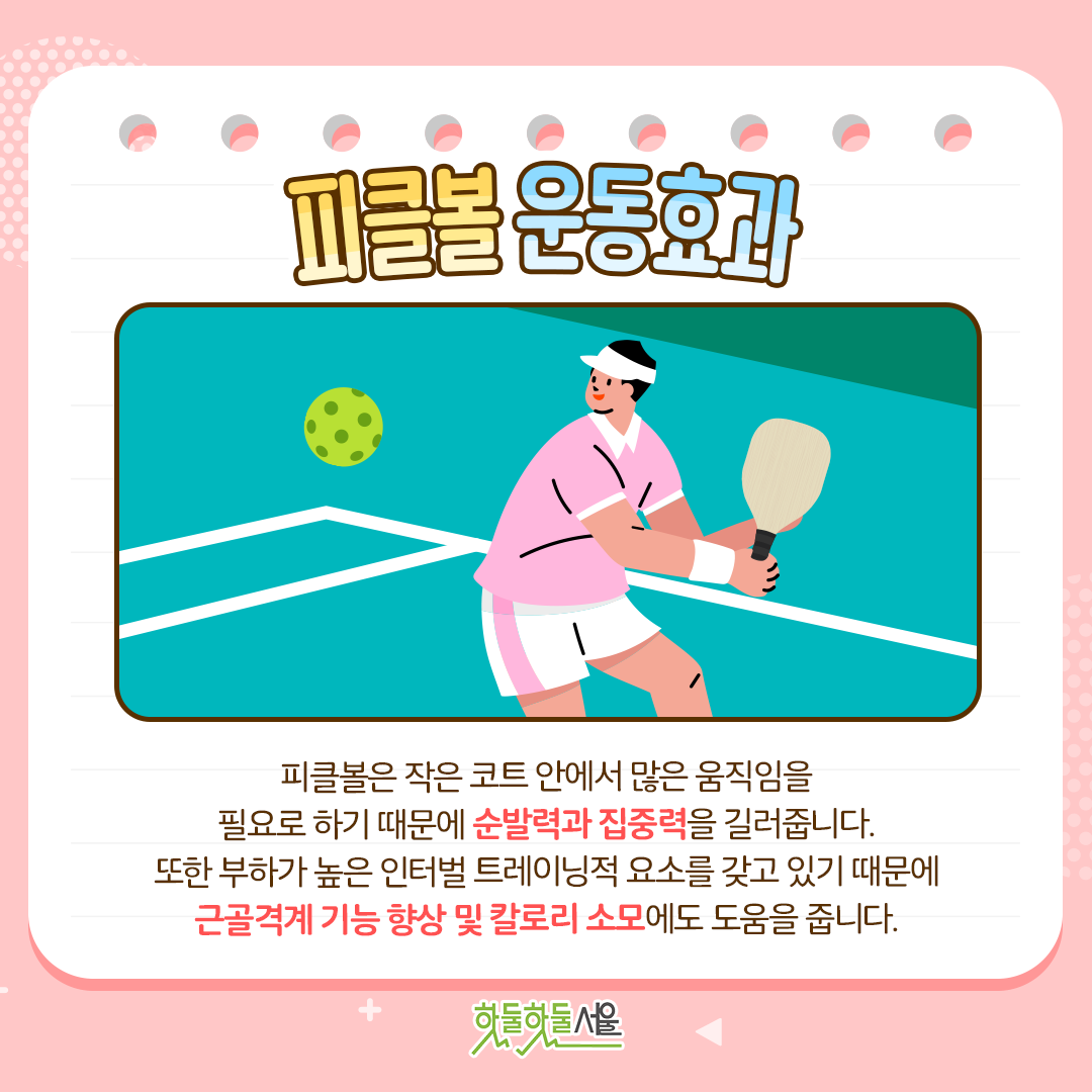 피클볼 운동효과 피클볼은 작은 코트 안에서 많은 움직임을 필요로 하기 때문에 순발력과 집중력을 길러줍니다. 또한 부하가 높은 인터벌 트레이닝적 요소를 갖고 있기 때문에 근골격계 기능 향상 및 칼로리 소모에도 도움을 줍니다.