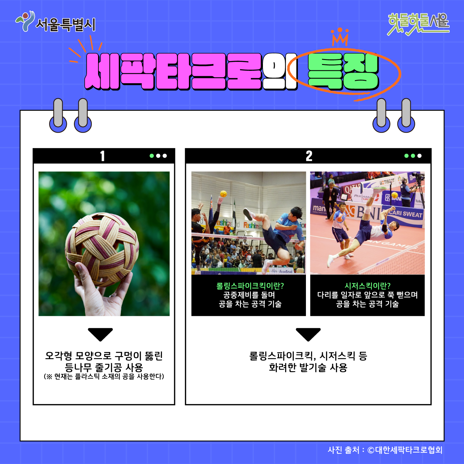 세팍타크로의 특징 1.오각형 모양으로 구멍이 뚫린 등나무 줄기공 사용(*현재는 플라스틱 소재의 공을 사용한다) 2.롤링스파이크킥이란? 공중제비를 돌며 공을 차는 공격 기술 시저스킥이란? 다리를 일자로 앞으로 쭉 뻗으며 공을 치는 공격 기술
롤링스파이크킥, 시저스킥 등 화려한 발기술 사용