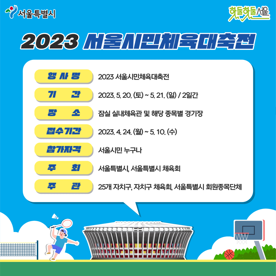 2023 서울시민체육대축전 
행사명:2023 서울시민체육대축전
기간:2023.5.20(토)~5.21(일)/2일가
장소:잠실 실내체육관 및 해당 종목별 경기장
접수기간:2023.4.24(월)~5.10(수)
참가자격:서울시민 누구나
주최:서울특별시, 서울특별시 체육회
주관:25개 자치구, 자치구 체육회, 서울특별시 회원종목단체