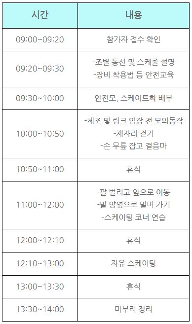 가족 스케이팅 교실 프로그램 스케쥴