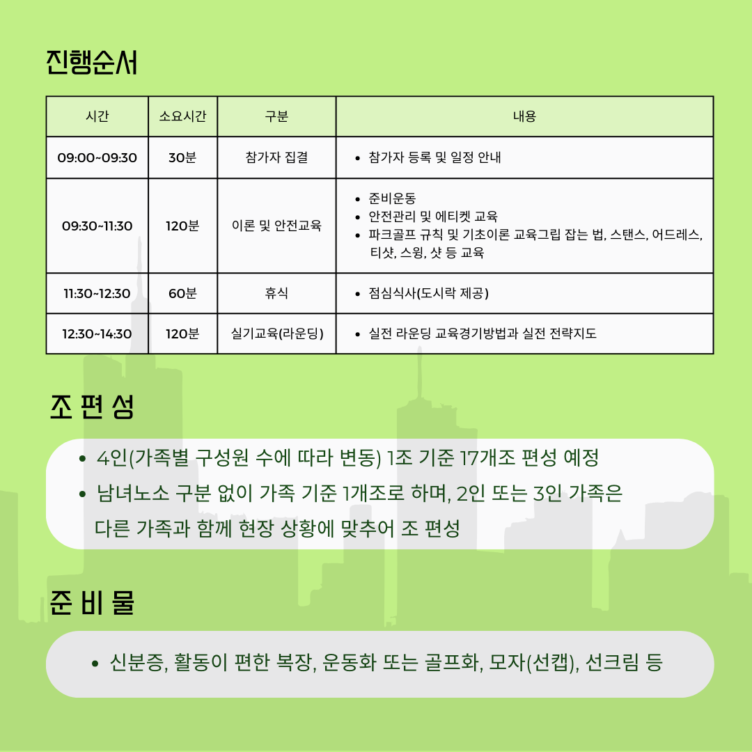 운영장소 : 잠실 파크골프장
서울특별시 송파구 올림픽로 25 서울종합운동장
