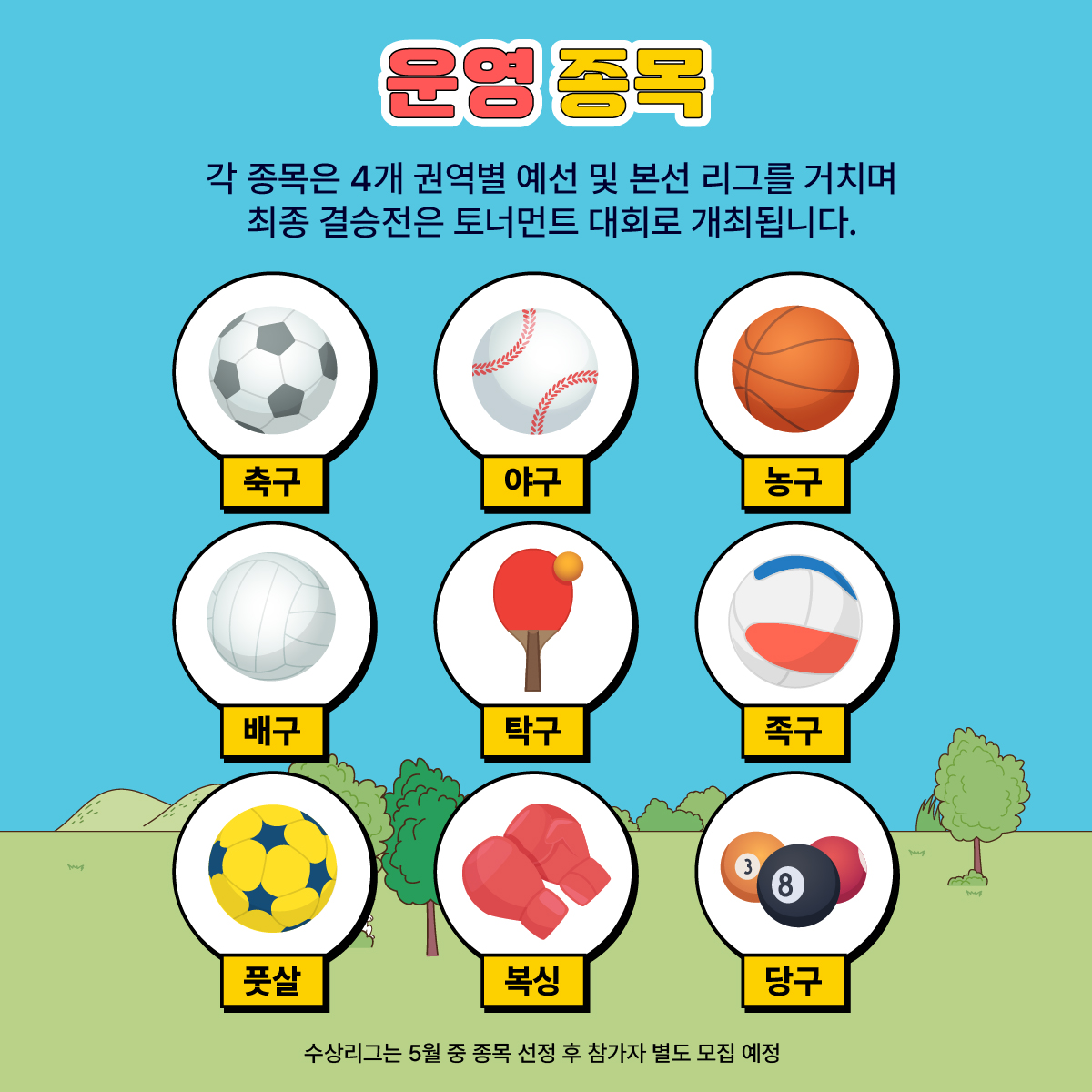 각 종목은 4개 권역별 예선 및 본선 리그를 거치며
최종 결승전은 토너먼트 대회로 개최됩니다. 

축구 야구 농구 배구 탁구 족구 풋살 복싱 당구
