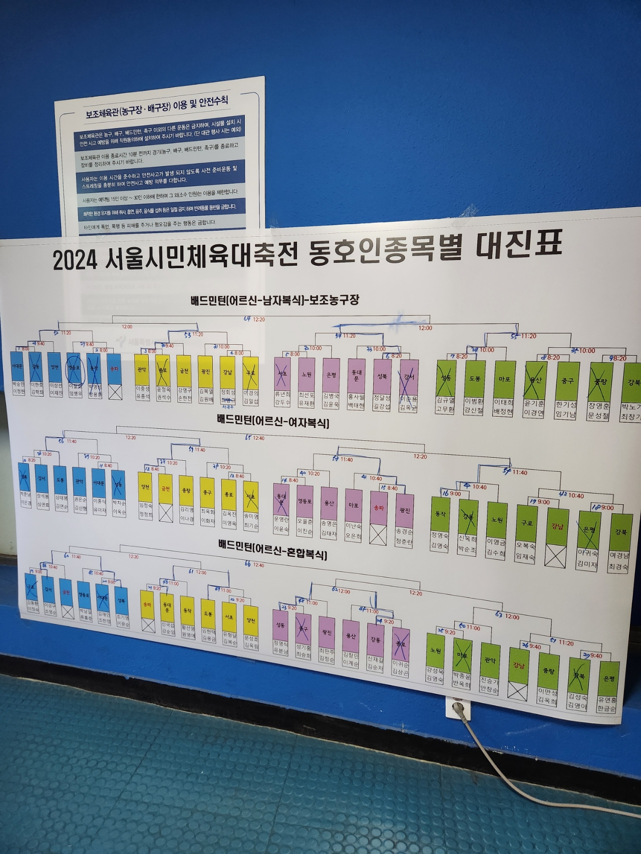 배드민턴 경기가 남성, 여성, 혼성 복식 경기가 이루어지고 있었습니다