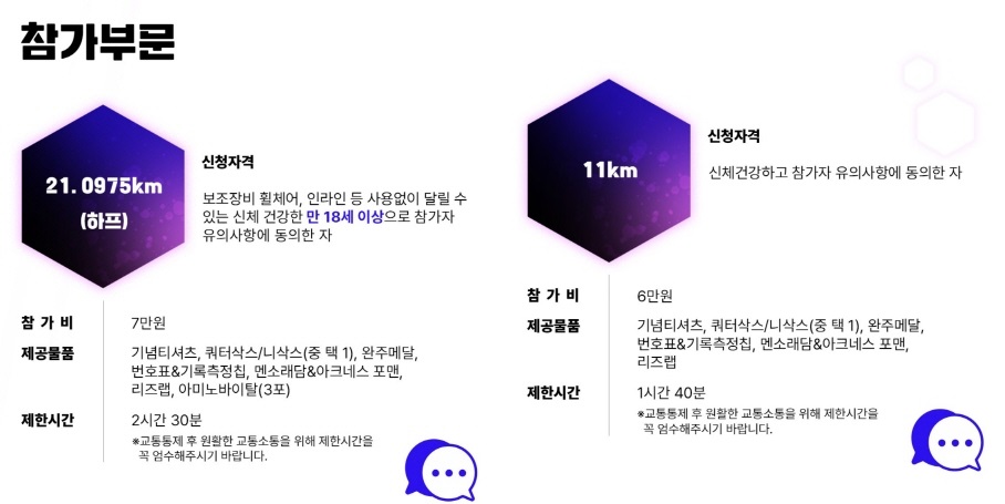 참가부문 하프, 11km 마라톤 안내