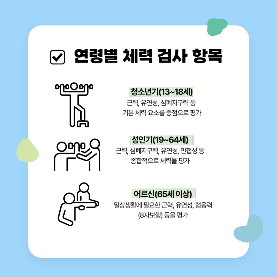연령별 체력 검사 항목 청소년기, 성인기, 어르신