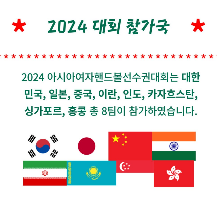 2024 대회 참가국 대한민국, 일본, 중국, 이란, 인도, 카자흐스탄, 싱가포르, 홍콩