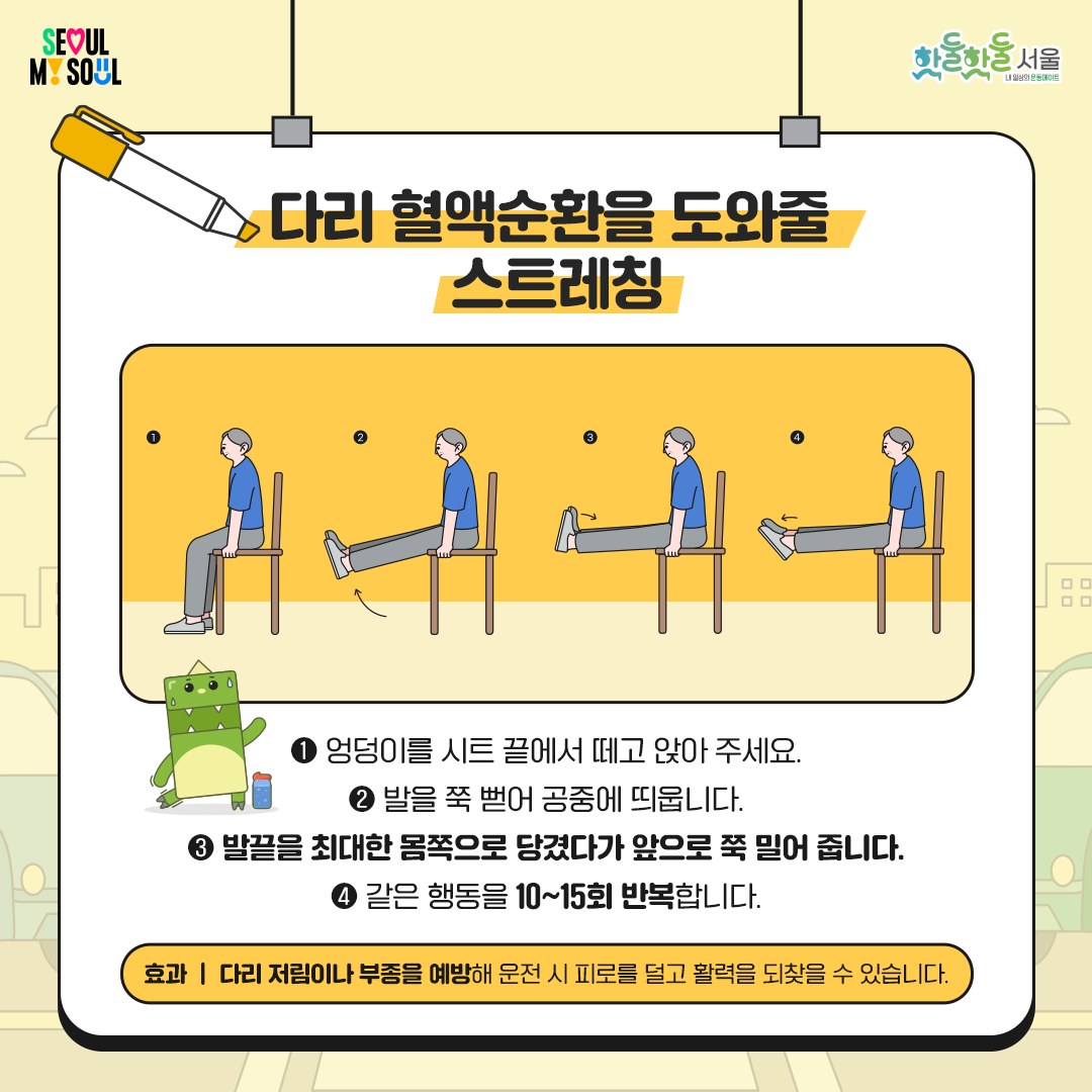 

다리 혈액순환을 도와줄 스트레칭

 

1)    엉덩이를 시트 끝에서 떼고 앉아 주세요.

2)    발을 쭉 뻗어 공중에 띄웁니다.

3)    발끝을 최대한 몸쪽으로 당겼다가 앞으로 쭉 밀어 줍니다.

4)    같은 행동을 10~15회 반복합니다.

  효과

다리 저림이나 부종을 예방해

운전 시 피로를 덜고

활력을 되찾을 수 있습니다.
