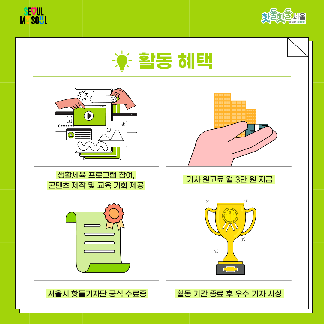 

활동 혜택

- 생활체육 프로그램 참여, 콘텐츠 제작 및 교육 기회 제공

- 기사 원고료 월 3만 원 지급

- 서울시 핫둘기자단 공식 수료증

- 활동 기간 종료 후 우수 기자 시상

