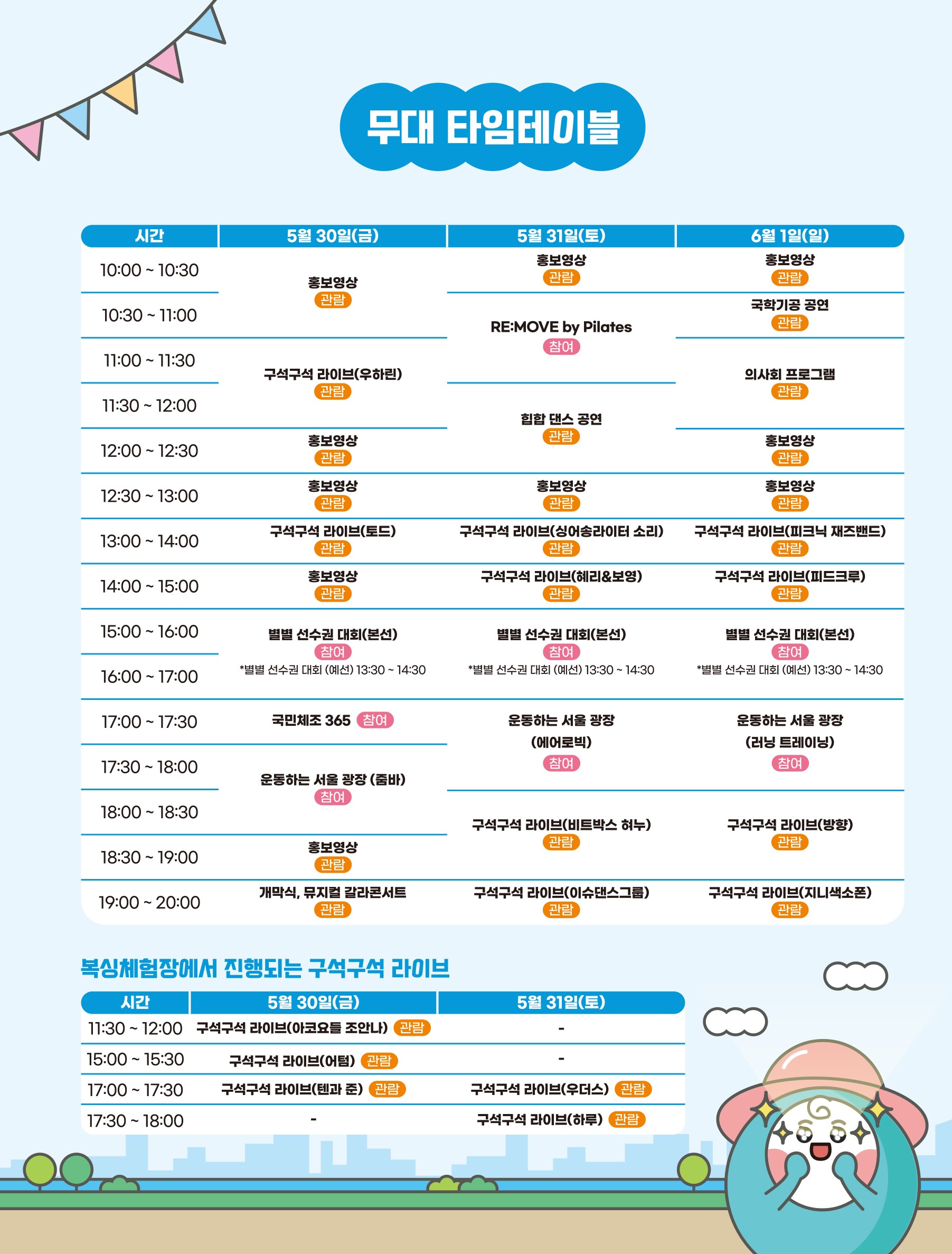 쉬엄쉬엄 한강 3종 축제 무대 타임테이블 안내. 5월 30일부터 6월 1일까지 홍보영상, 구석구석 라이브, 특별선수권대회, RE:MOVE, 운동하는 서울광장, 갈라콘서트 등 다양한 참여 및 관람형 공연 진행.