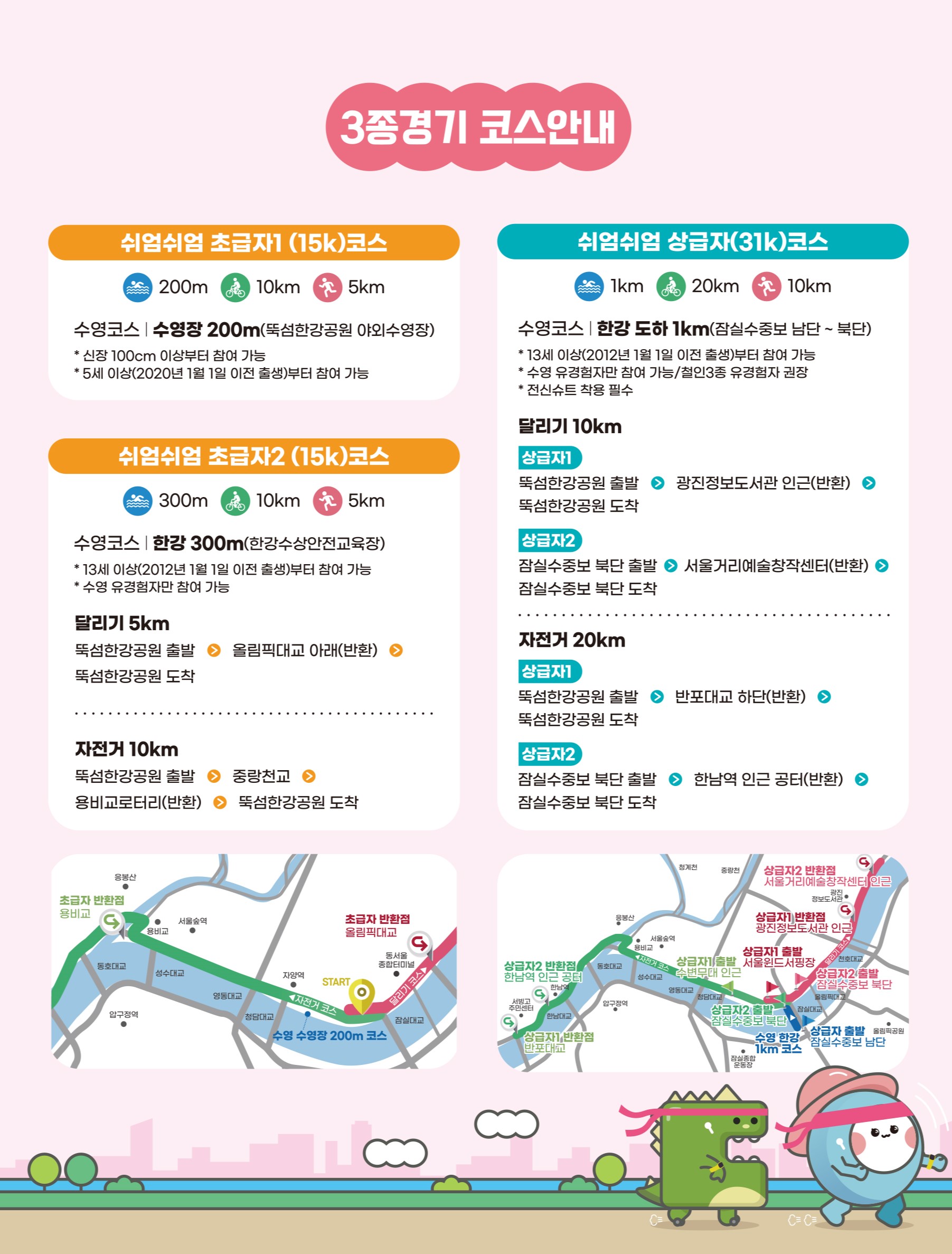쉬엄쉬엄 한강 3종 축제 코스안내. 초급자1, 초급자2, 상급자(15k, 31k) 코스 안내. 각 코스별 수영장 및 걷기 코스 정보, 자전거 코스 안내 및 지도 포함.